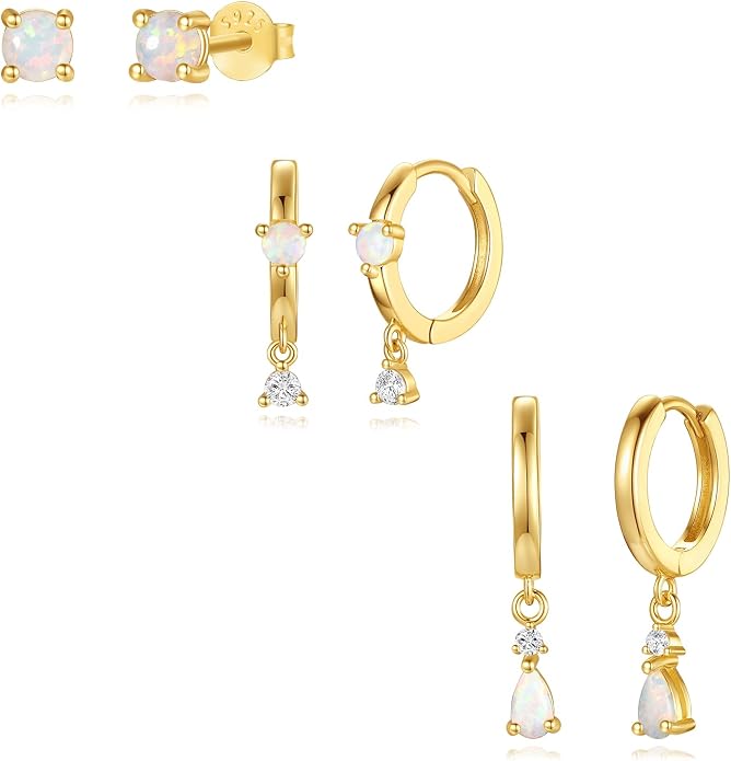 Angelady Opal Earrings Set for Women, Hypoallergenic S925 Sun Stud Earring for Sensitive Ears, Dainty Hoop Huggie Silver Opal Dangle Earring Stacks, Blue Earrings for Women Trendy 2025