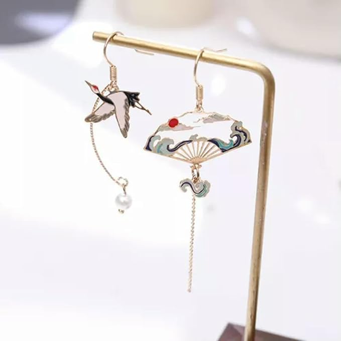 Cute Asymmetric Cat Moon Flower Long Tassel Stud Dangle Earrings Women Jewelry-Crane & Fan