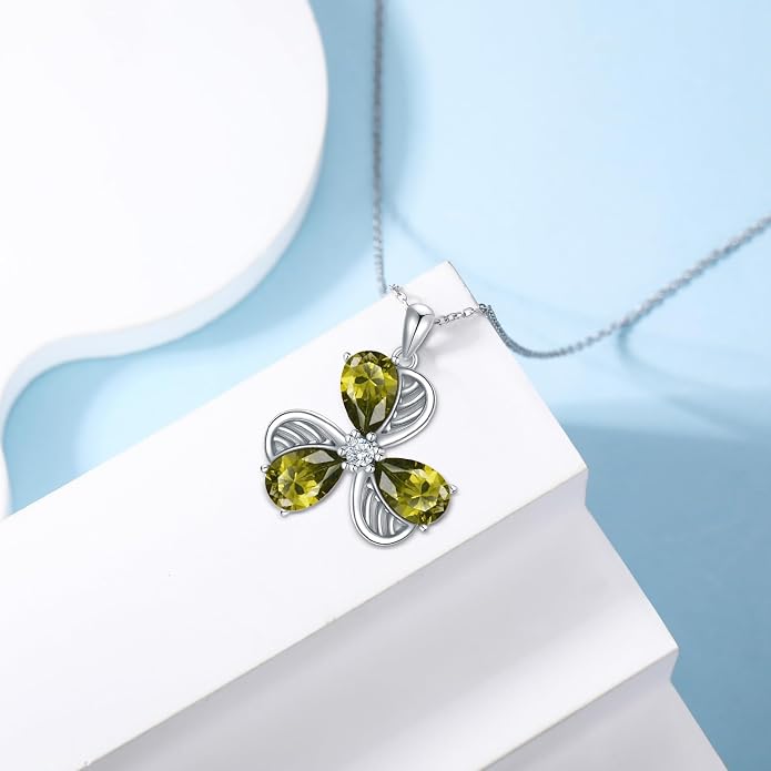 925 Sterling Silver Birthstone Clover Necklace Women’s Shamrock Dainty Flower Pendant Choker Necklace Cute Peridot Gemstone Flower Birthday Christmas Jewelry for Mom Wife