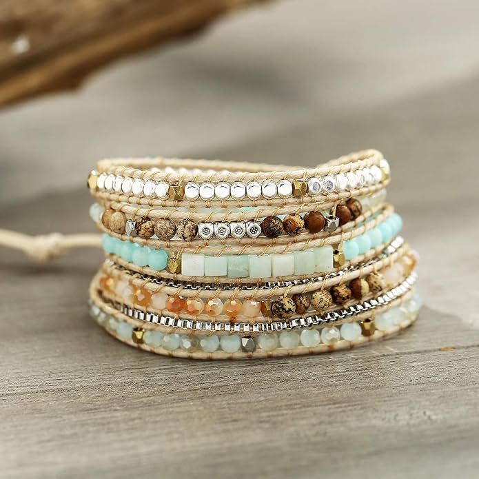Plumiss Women Boho Handmade Natural Stone Crystal Leather Bead Wrap Bracelets Collection