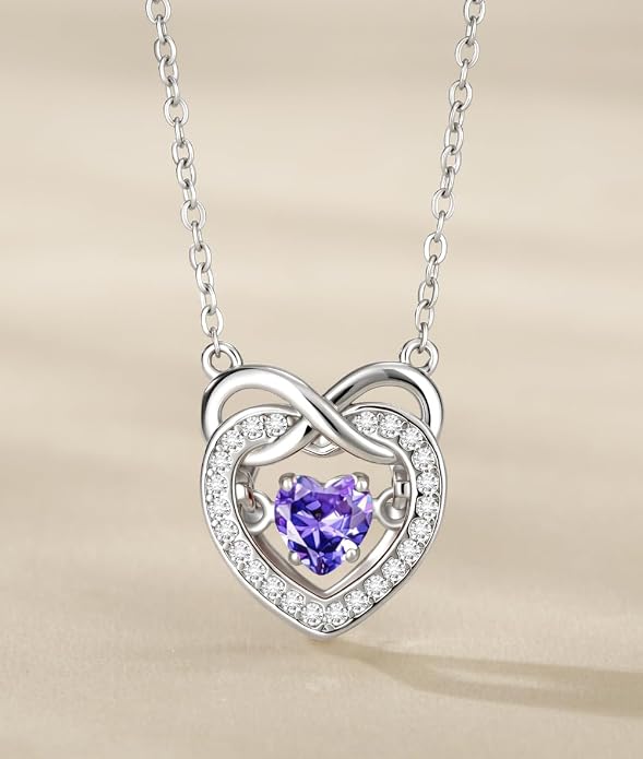 Trendy Dainty Infinity Birthstone Necklace, Dancing Heart 18K White Gold Plated 925 Sterling Silver Heart Necklace, Romantic Love Jewelry Graduation Gifts for Women Her