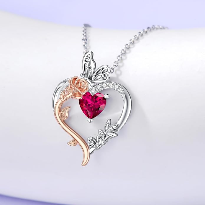 TOUPOP Rose Heart Birthstone Necklace 925 Sterling Silver Heart Butterfly Pendant Love Jewelry Birthday Gifts for Women Wife Mom Her