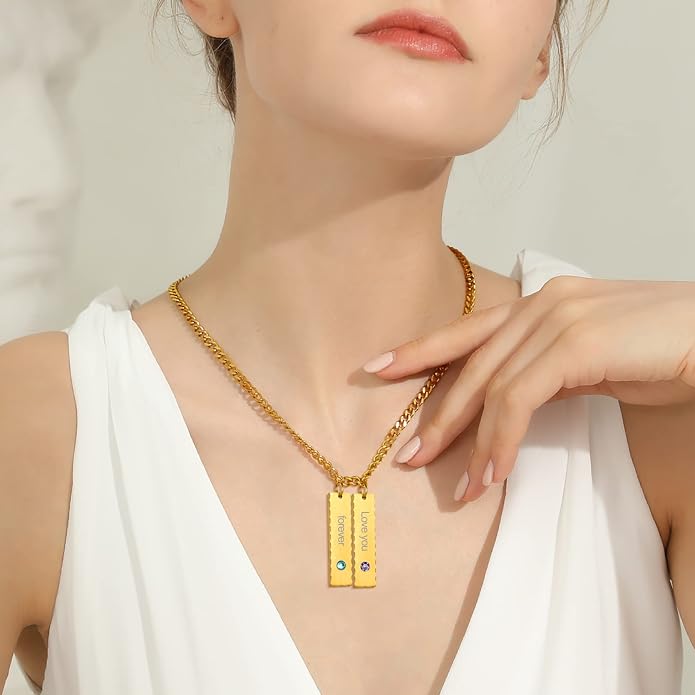 GOLDCHIC JEWELRY Personalized Birthstone Name Necklaces for Men Women, Engraved Family Names Necklace with Birthstone Vertical Bar Necklace, Pendant for Husband/Father/Grandma/Wife Birthday Gifts