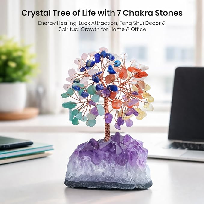 Crocon® 7 Chakra Crystals Tree of Life with Amethyst Cluster Base, Gift for Women Men Birthday Gifts MoM, Money Tree Feng Shui Good Luck Healing Crystals Home Decor Crystals and Healing Stones