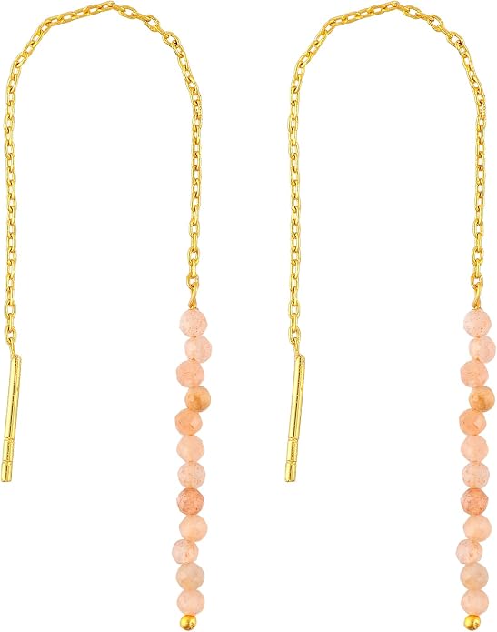Natural Gemstone Threader Earrings for Women - Dainty 2mm Faceted Beads - Birthstone Crystal Drop Earrings - Silver Plated Healing Jewelry