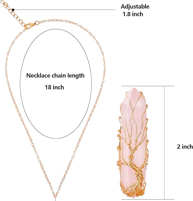 VIBILIA Healing Crystal Necklace Tree of Life Wire Wrapped Natural Stone Point Pendant Necklace Hexagonal Reiki Spiritual Quartz Gemstone Jewelry for Women Men