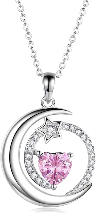 S925 Sterling Silver Birthstone Pendant Necklace Moon Star Necklace Jewelry Gift for Women Anniversary Valentine's day