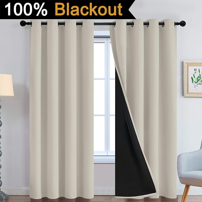 Yakamok Stone Blackout Curtains 84 Inches Long for Bedroom 52" Wide 2 Panel | Blackout Curtain Panels for Bedroom, 2 Thick Layers Grommet Top Thermal Insulated Drapes with Black Liner for Living Room