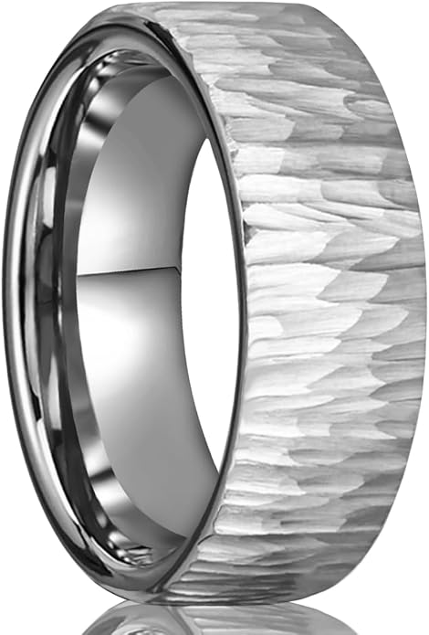 Tungsten Carbide Ring for Men Women 8mm Silvery Hammered Bark Textured Classic Men's Wedding Bands Polished Comfortable Fit Suitable for Party Anniversary