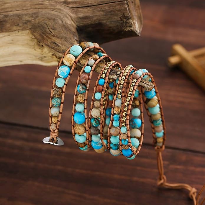 Plumiss Women Boho Handmade Natural Stone Crystal Leather Bead Wrap Bracelets Collection