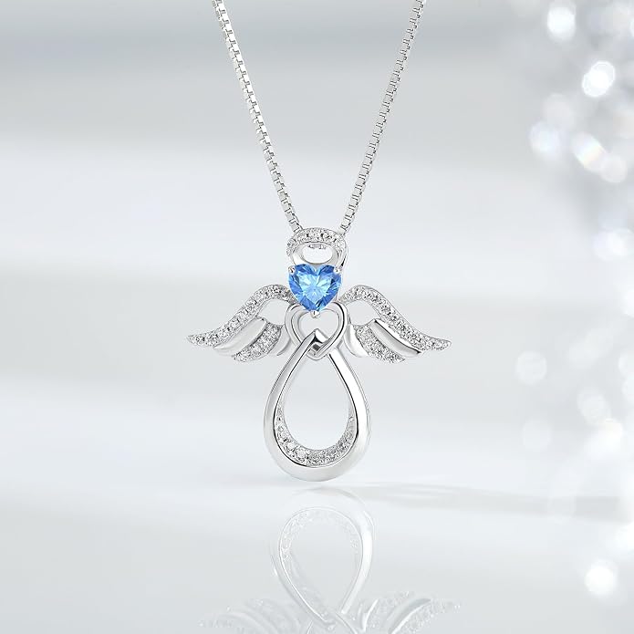 925 Sterling Silver Guardian Angel Pendant Necklace for Women with Birthstone Cubic Zirconia Little Angel Pendant Necklace Jewelry 18 inch Chain