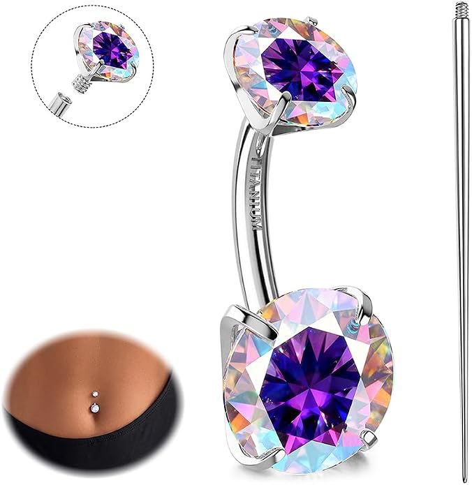 GEMQUEEN Moissanite ＆ G23 TItanium Belly Button Ring 18K Gold Plated Hypoallergenic Internally Threaded Belly Rings 14G Navel Piercing Jewelry For Women Men D Color VVS1 Clarity Brilliant Cut