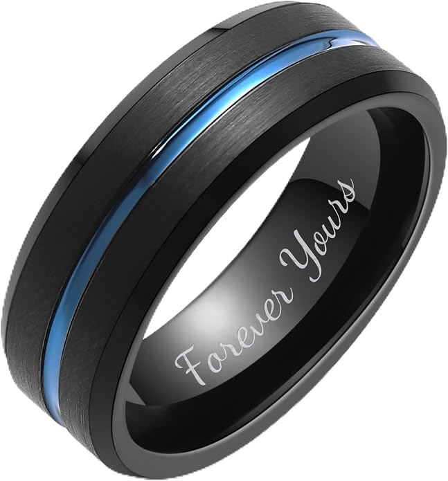 LerchPhi Tungsten Wedding Band for Men, Engraved and Customizable Promise Rings for Him and Her, Width 6MM 8MM Size 6-14, Center Grooved Beveled Edge, Comfort Fit