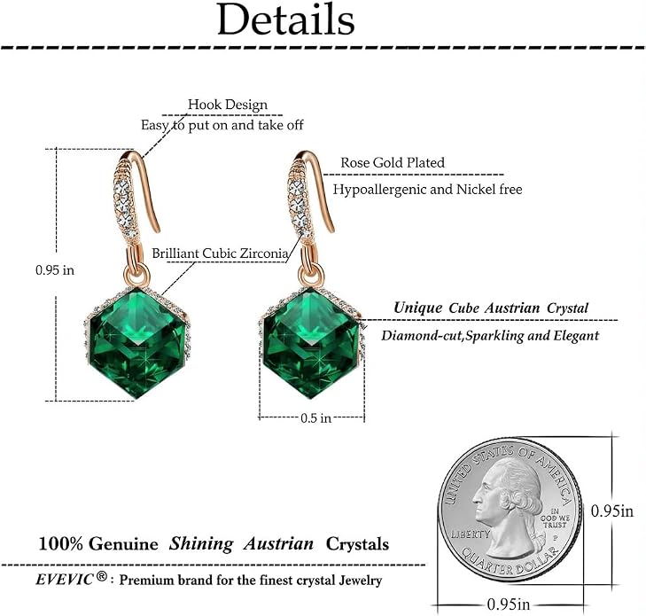 Austrian Crystal Cube Drop Dangle Earrings for Women 14K Gold Plated Hypoallergenic Jewelry