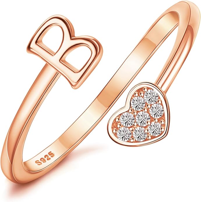 MILACOLATO 925 Sterling Silver Initial Rings for Women Teen Girl 18K Gold Plated Heart Initial Rings Adjustable Capital Letter Ring Stackable Thumb Pinky Rings for Daughter Birthday Bridesmaid Gifts Jewelry, A to Z