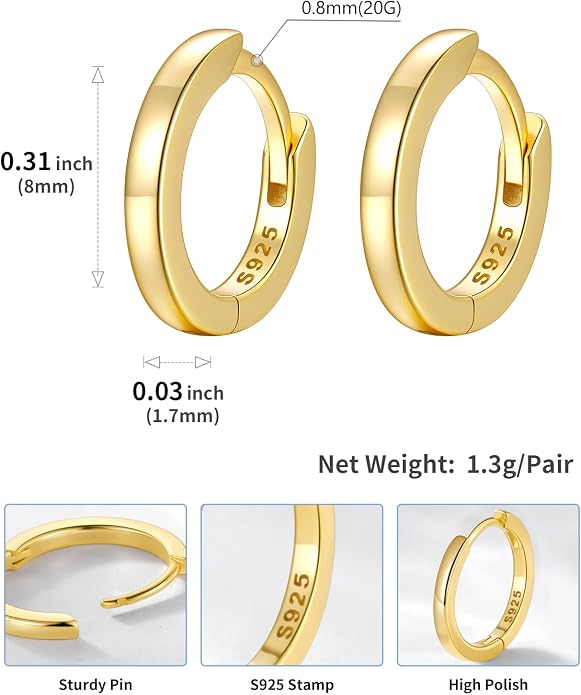 SILVERCUTE 925 Sterling Silver Huggie Hoop Earrings for Women,Hypoallergenic Small Hoop Earrings Lightweight Silver/14K Gold Hoops Cartilage Earrings for Women,8/10/12mm