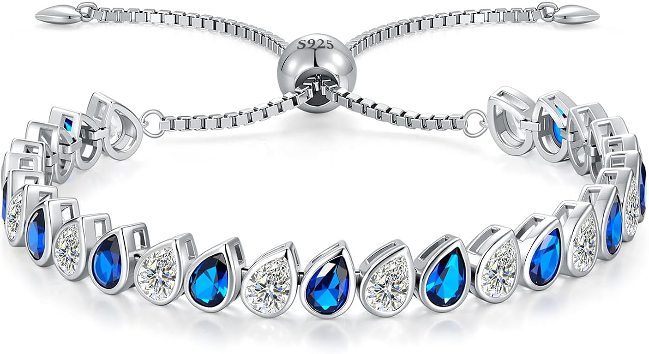 Birthstone Tennis Bracelet for Women 925 Sterling Silver Pear Shaped Gemstone Inlaid White Gold Plated Adjustable Chain Gifts for Mom Wife