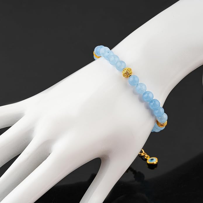 AAA Grade Natural Gemstone Beaded Bracelet, 14K Gold Plated with Evil Charm, Wicca & Reiki Healing Crystals, Handmade Bohemian Jewelry, Christmas Gift for Women (7+1inch)