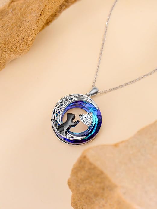 TOUPOP Cat Gifts for Cats Lovers 925 Sterling Silver Black Cat Necklace Celtic Moon Birthstone Jewelry for Women Anniversary Birthday Gift for Her Wife Mom