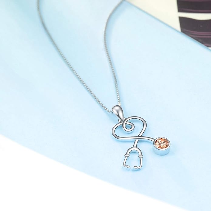 AOBOCO Stethoscope Necklace 925 Sterling Silver Embellished with 12 Months Birthstone Crystals from Austria, Graduation Gifts Medical Jewelry for Doctor Nurse Medical Student RN