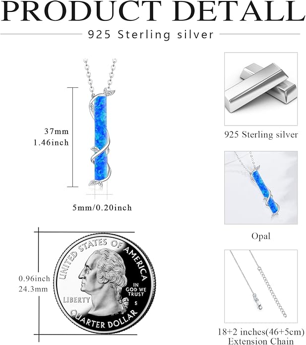 Bar Opal Leaf Necklace For Women S925 Sterling Silver White Opal Pendant with Leaf Charm Bar Pendant Jewelry Gift For Mom Daughter Wife