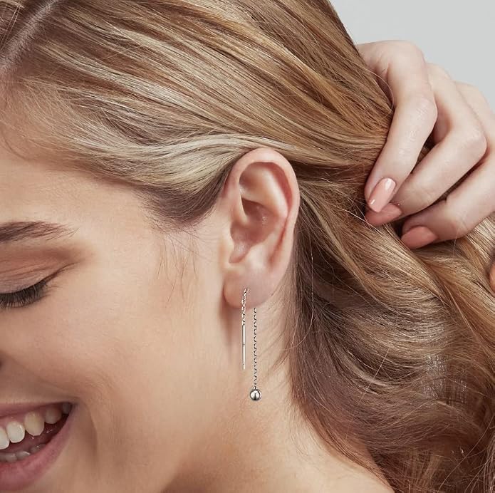 3 Pairs Threader Earrings 925 Sterling Silver Long Chain Earrings Bar/Ball Wrap Threader Drop Earrings for Women Lightweight Minimalist Mother's Day Jewelry Set