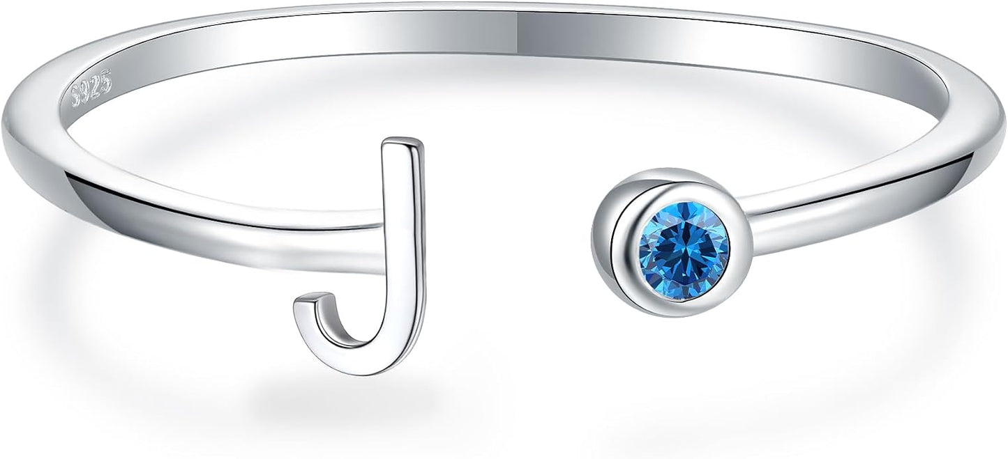925 Sterling Silver Initial Letter Birthstone Rings for Women Adjustable 1-12 Month Birthstone Alphabet Stacking Ring for Teens Girls Stackable Birthstone Rings Birthday Jewelry Gift for Daughter Mom