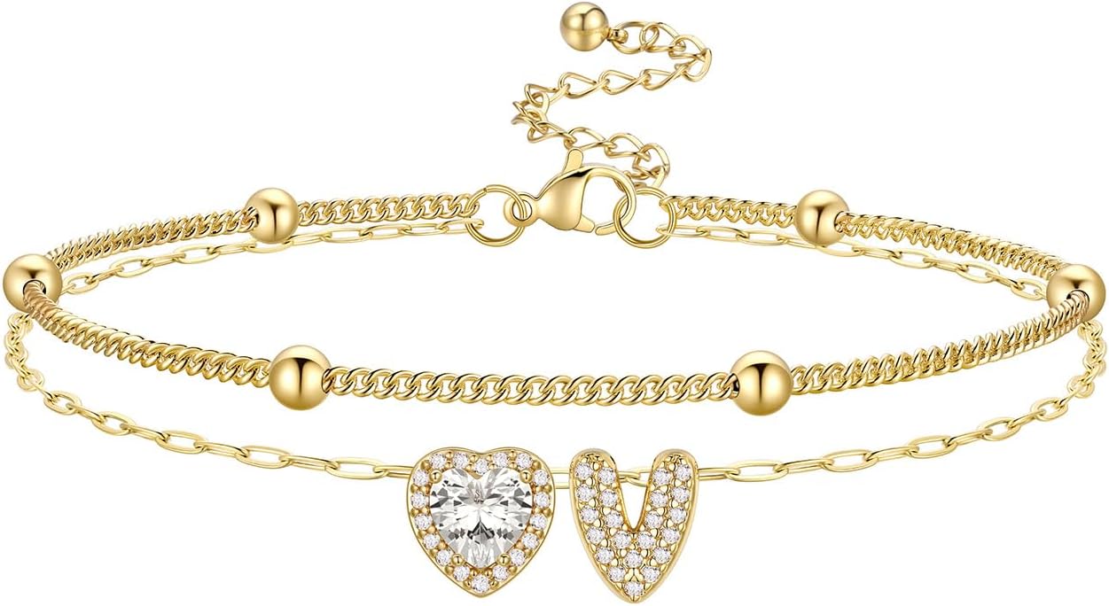 Bestyle Initial Anklet Bracelets for Women Waterproof Non Tarnish 14K Gold/White Gold Plated CZ Anklets for Women Dainty Layered Letter Heart Ankle Bracelets Adjustable Foot Chain Anklet