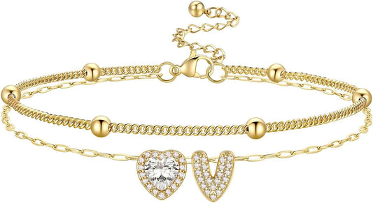 Bestyle Initial Anklet Bracelets for Women Waterproof Non Tarnish 14K Gold/White Gold Plated CZ Anklets for Women Dainty Layered Letter Heart Ankle Bracelets Adjustable Foot Chain Anklet