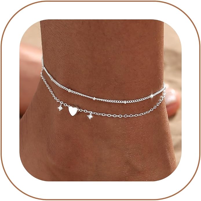 Ankle Bracelets for Women 14K Gold/Silver Plated Cross Heart Bead Anklet Waterproof Adjustable Chain Non Tarnish Cute Boho Trendy Dainty Summer Beach Foot Jewelry Gift for Her