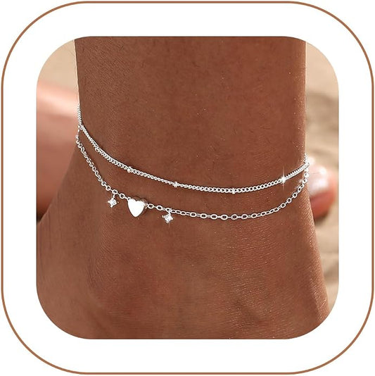 Ankle Bracelets for Women 14K Gold/Silver Plated Cross Heart Bead Anklet Waterproof Adjustable Chain Non Tarnish Cute Boho Trendy Dainty Summer Beach Foot Jewelry Gift for Her