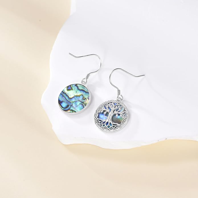 VONALA Tree of Life Earrings 925 Sterling Silver Celtic Tree Abalone Shell Leverback Drop Dangling Earrings Birthday Anniversary Christmas Jewelry Gifts for Women