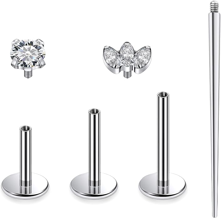 Ruifan Titanium Flat Back Lip Rings Internally Threaded Earrings Studs Nose Rings 16G Opal CZ Tragus Cartilage Lobe Rook Helix Conch Labret Medusa Piercing Jewelry for Women Men W Piercing Taper Set