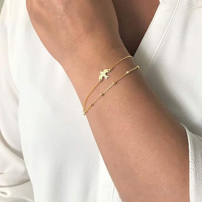 Dainty Gold Bracelets for Women, 14K Gold Plated Adjustable Layered Beads Bracelet Cute Evil Eye Oval Chain Pearl Bar Turtle Gold Bracelets for Women Jewelry