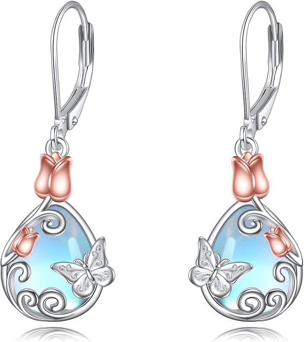 AOBOCO Teardrop Dangle Earrings for Women 925 Sterling Silver Moonstone Flower Filigree Leverback Jewelry Birthday