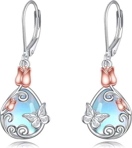 AOBOCO Teardrop Dangle Earrings for Women 925 Sterling Silver Moonstone Flower Filigree Leverback Jewelry Birthday