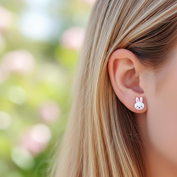 Metal Free Plastic Post Earrings Gift Set Pink Flower Bunny Purple Smiley Face Flower
