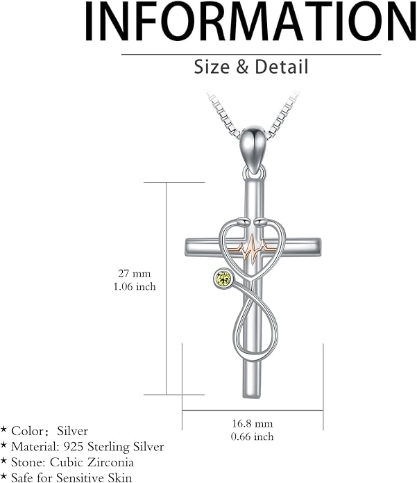 HPQQ Gifts for Nurse Sterling Silver Stethoscope Cross Necklace Nurses Birthstone Jewelry Nursing Themed Medicine Nurses Week Graduation Gifts Doctor Medical Student RN