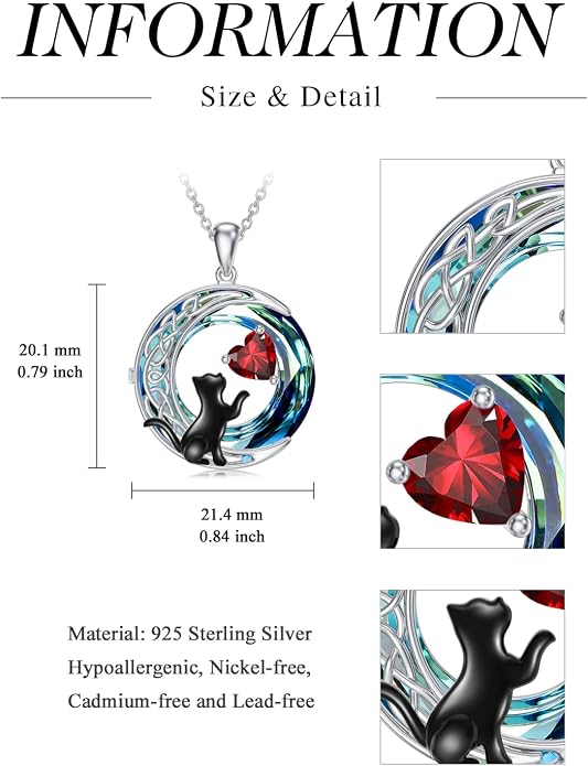 TOUPOP Cat Gifts for Cats Lovers 925 Sterling Silver Black Cat Necklace Celtic Moon Birthstone Jewelry for Women Anniversary Birthday Gift for Her Wife Mom