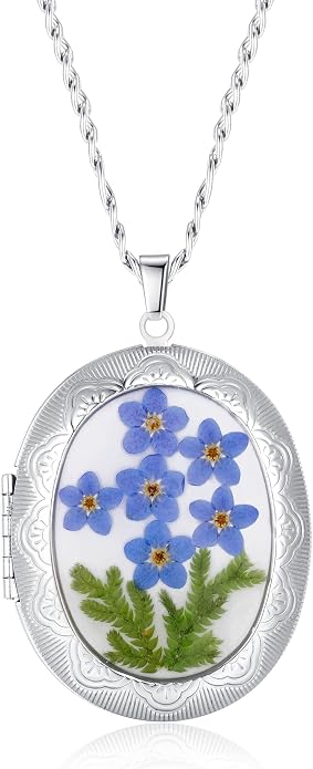 AUNTESIGN Forget-Me-Not and Queen Anne's Lace Pressed Wildflower Necklace | Birth Month Flowers Necklace | Gold/Silver Pressed Flower Jewelry | Mother's Day | Gift For Her