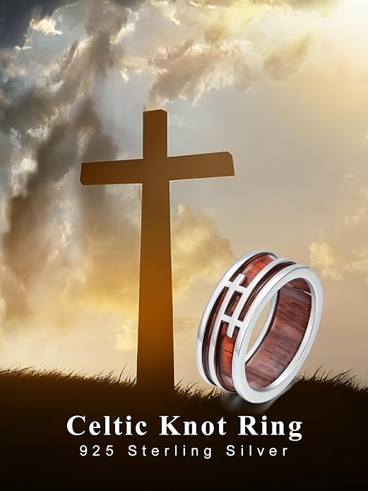 Wooden Celtic/Cross Ring 925 Sterling Silver Wedding Band Wood Mens Rings Engagement Ring Jewelry Gift for Men Women Size 8-14