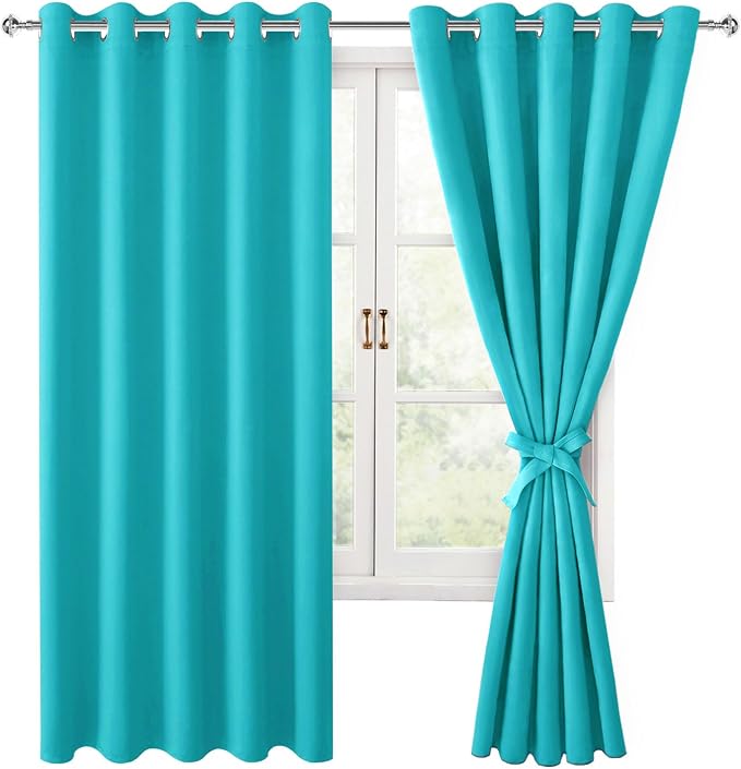 Hiasan Grommet Blackout Curtains for Bedroom, 60 x 72 Inches - Thermal Insulated & Light Blocking Window Drapes for Living Room/Dorm Room, Set of 2 Panels Sewn with Tiebacks, Turquoise