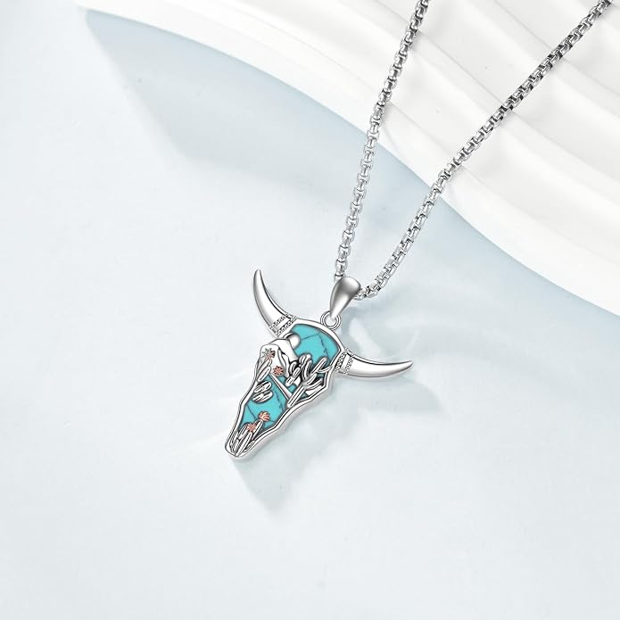 Turquoise Western Necklace Sterling Silver Moon Kokopelli/Cow Skull/Zia Sun/Mountains Pendant Necklace Turquoise Jewelry for Women Hikers Campers