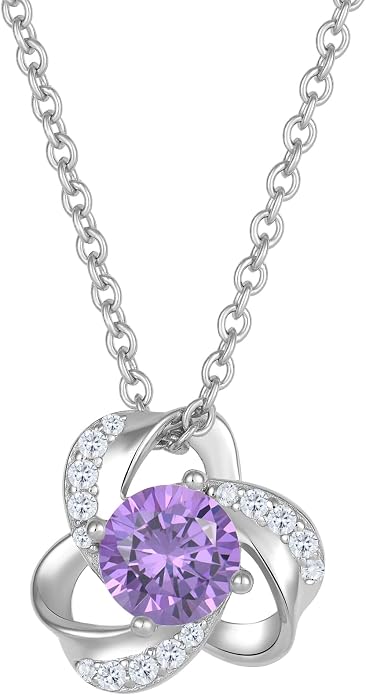 18K Gold Plated Love Knot Necklace for Women, 925 Sterling Silver Round cut Birthstone Pendant Necklace With Chain Lucky Flower Jewelry Gift
