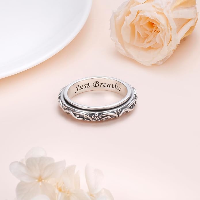 Cross/Butterfly/Evil Eye/Tree of Life/Celtic Knot/Sunflower/Lotus Spinner Ring 925 Sterling Silver Fidget Rings for Anxiety Stress Relieving ADHD Autism Rings Jewelry Gift for Women