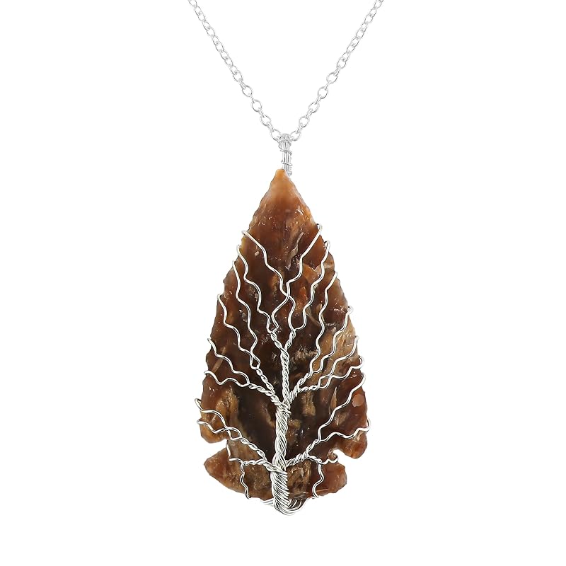 Tree of Life Craft - Raw Jasper Rough Crystals Pendant Necklace, Heart & Star & Arrow Shapes, Wire Wrapping, Gift Giving Women Jewelry with Dainty Silver Plated Chain 18 inch (3pcs)