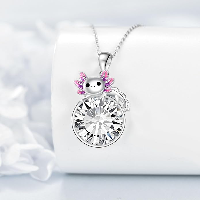 Birthstone Axolotl Necklace Sterling Silver Axolotl Pendant Cubic Zirconia Jewelry Birthday Gifts for Women Men