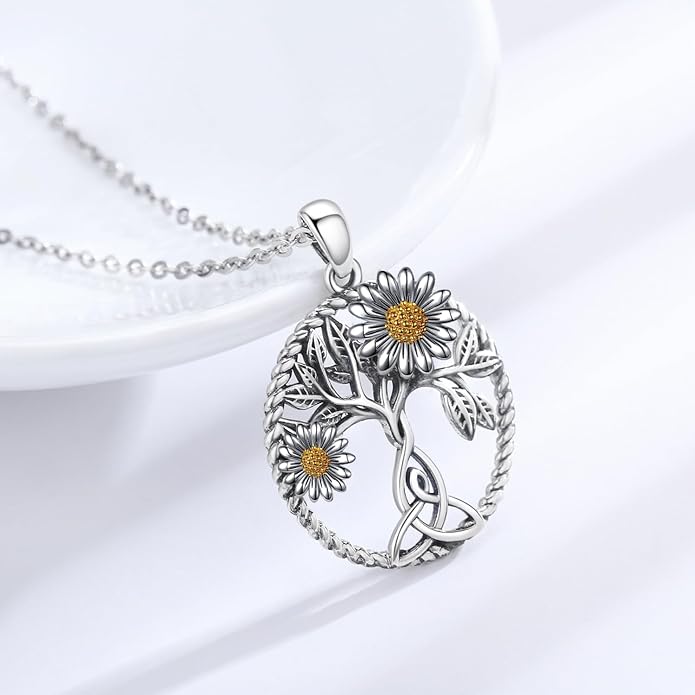 CHENGHONG Sunflower Necklace 925 Sterling Silver Tree of Life Necklace Daisy/Rose/Sunflower Pendant Necklace Sunflower Jewelry Gifts for Women Mom