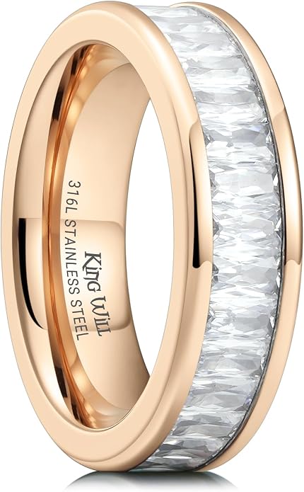 King Will 6mm 316L Stainless Steel Eternity Ring for Women, Colorful Baguette-Cut Cubic Zirconia Stackable Band, Pipe Cut Anniversary Engagement Ring Comfort Fit, Size 6-10