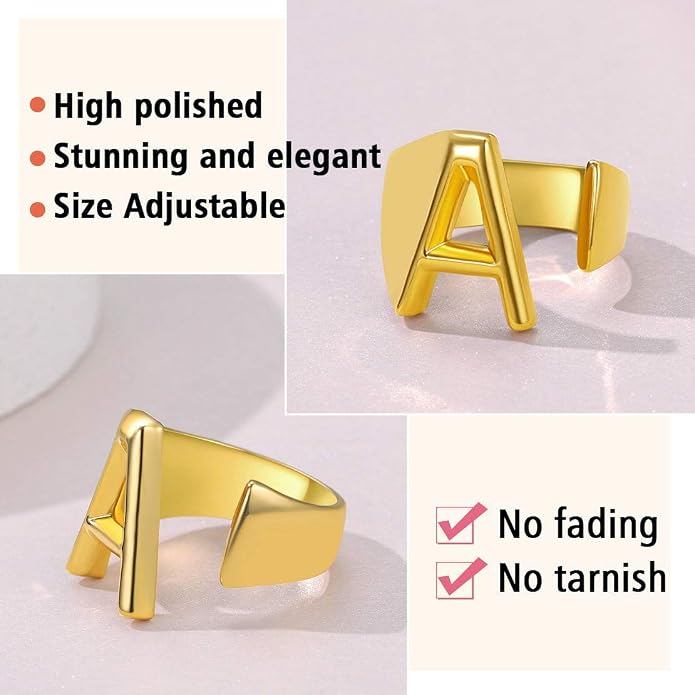 FindChic Customizable Initial Ring Statement 18K Gold Plated Fashion Cuff Rings for Women Alphabet Letter A to Z Resizable Knuckle Ring (with Gift Box)